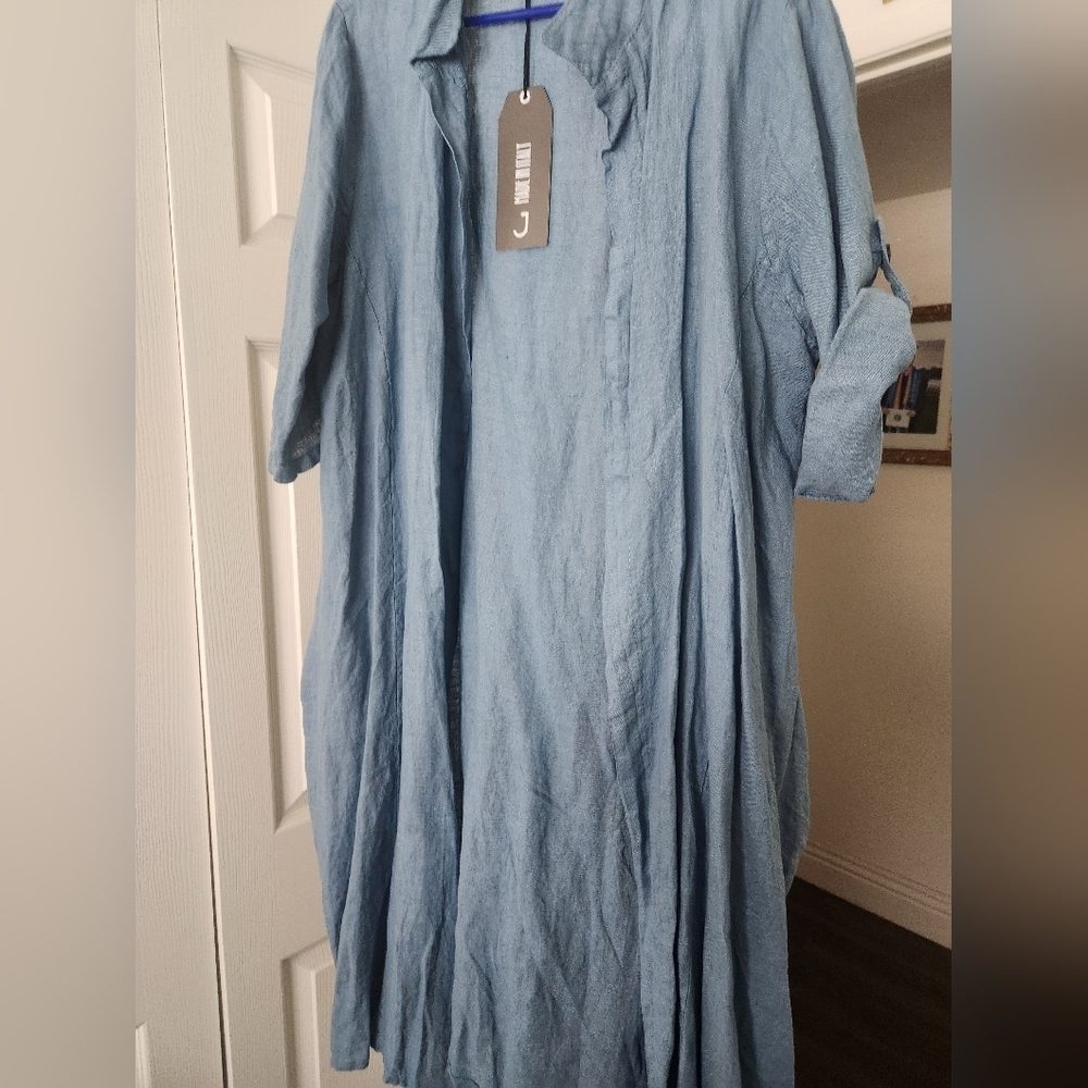 Light Blue Women's Linen-Blend Long Blazer Jacket